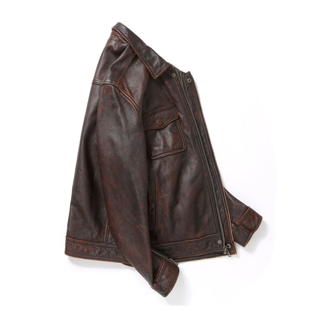 Herren Lederjacke im Worker-Stil mit Brusttaschen und durchgehendem Reißverschluss Echoarchiv