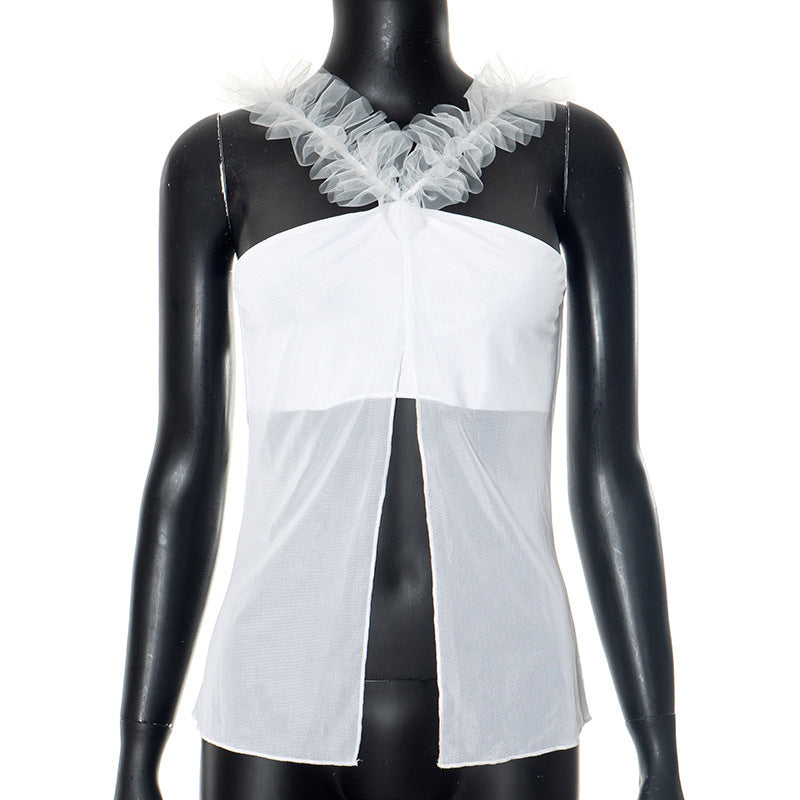 Damen Top mit transparentem Mesh-Einsatz und dekorativem Rüschendraht Echo Archiv