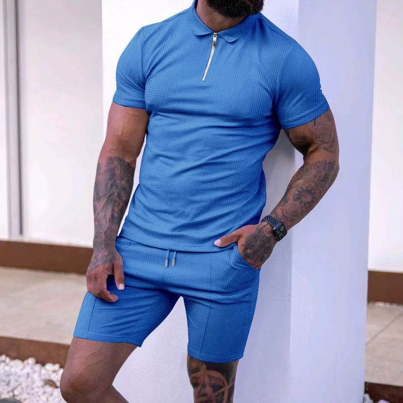 Herren modisches Polo- und Shorts-Set mit strukturiertem Gewebe und funktionalem Reißverschluss Echoarchiv