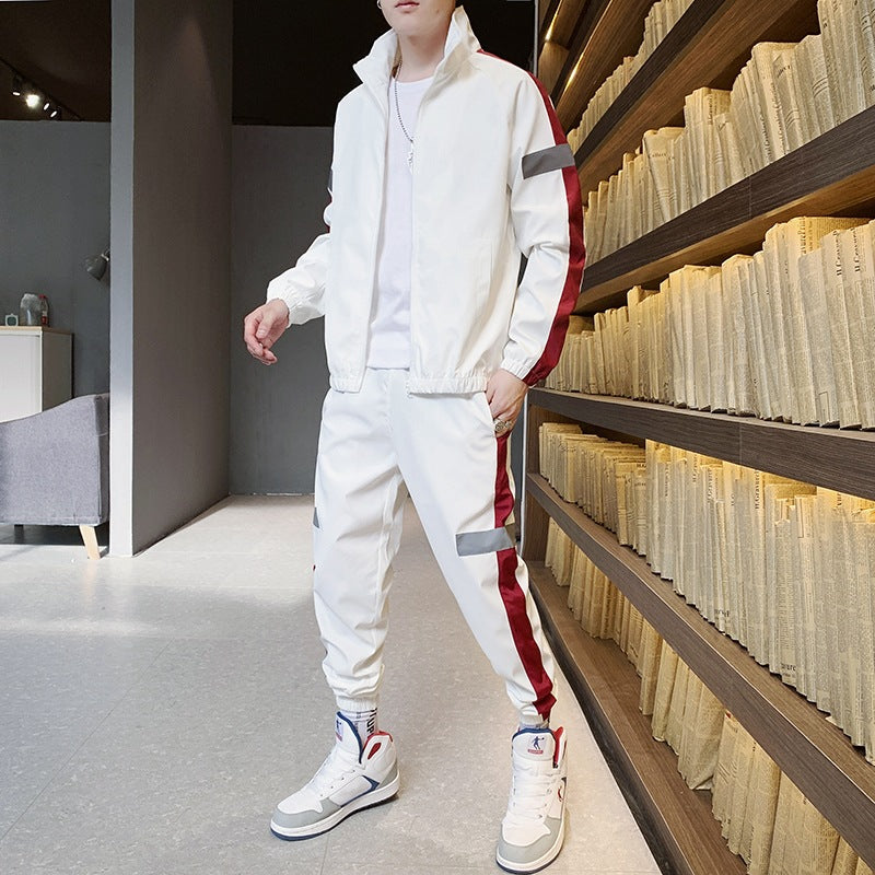Herren Zweiteiliges Streetwear-Trainingsset mit Stehkragen, Kontraststreifen & reflektierenden Einsätzen Echoarchiv
