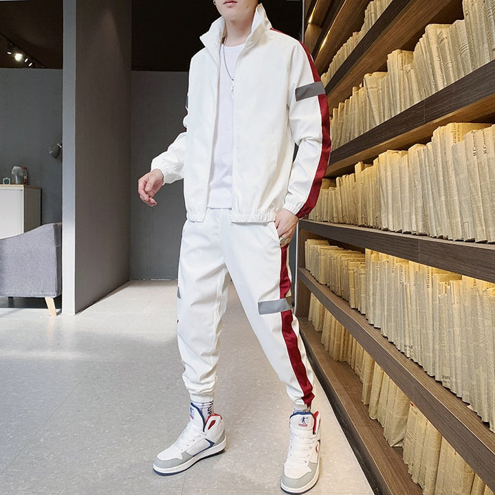 Herren Zweiteiliges Streetwear-Trainingsset mit Stehkragen, Kontraststreifen & reflektierenden Einsätzen Echoarchiv