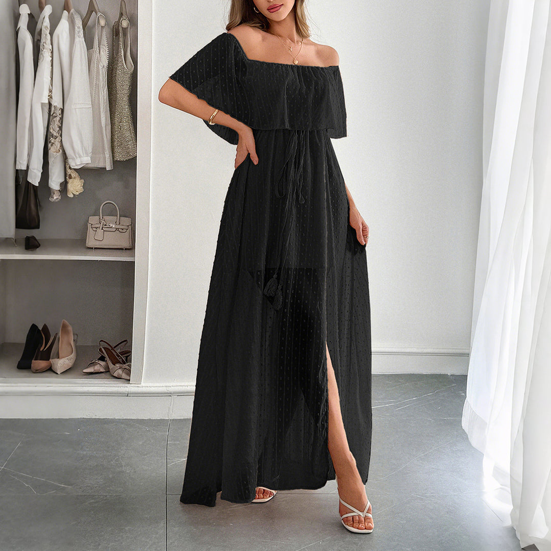 Damen Off-Shoulder Maxikleid mit feinem Punktedesign und Taillenbindung Echo Archiv