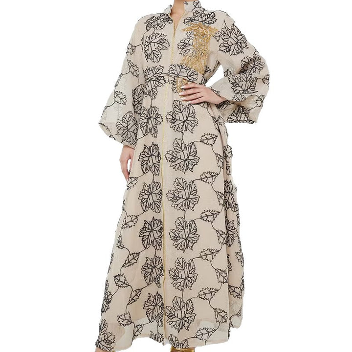 Damen Besticktes Maxikleid im Kaftan-Stil mit Reißverschluss, Taillengürtel und Ballonärmeln – Valéora