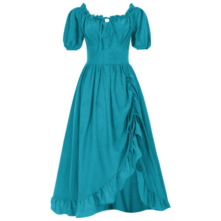 Damen romantisches Maxikleid mit Carmen-Ausschnitt, Puffärmeln, tailliertem Mieder und seitlicher Raffung – Valéora