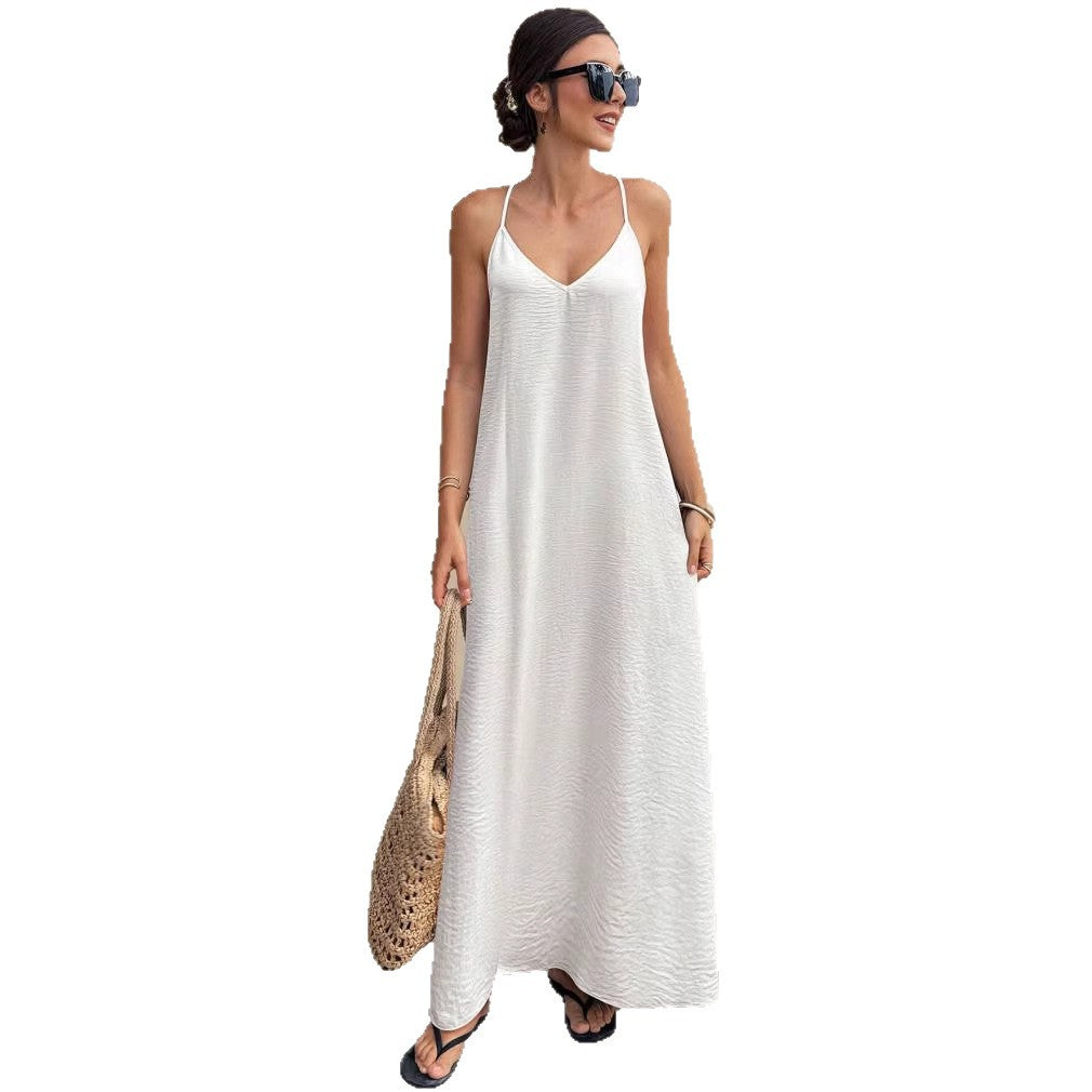 Damen Fließendes Maxikleid mit Spaghettiträgern, V-Ausschnitt und sommerlicher Leinenoptik Echo Archiv