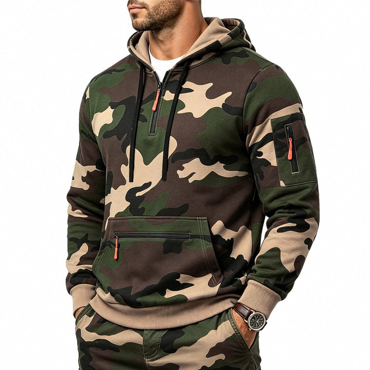 Herren Kapuzenpullover mit Tarnmuster, Reißverschlusstaschen und Kängurutasche Echoarchiv