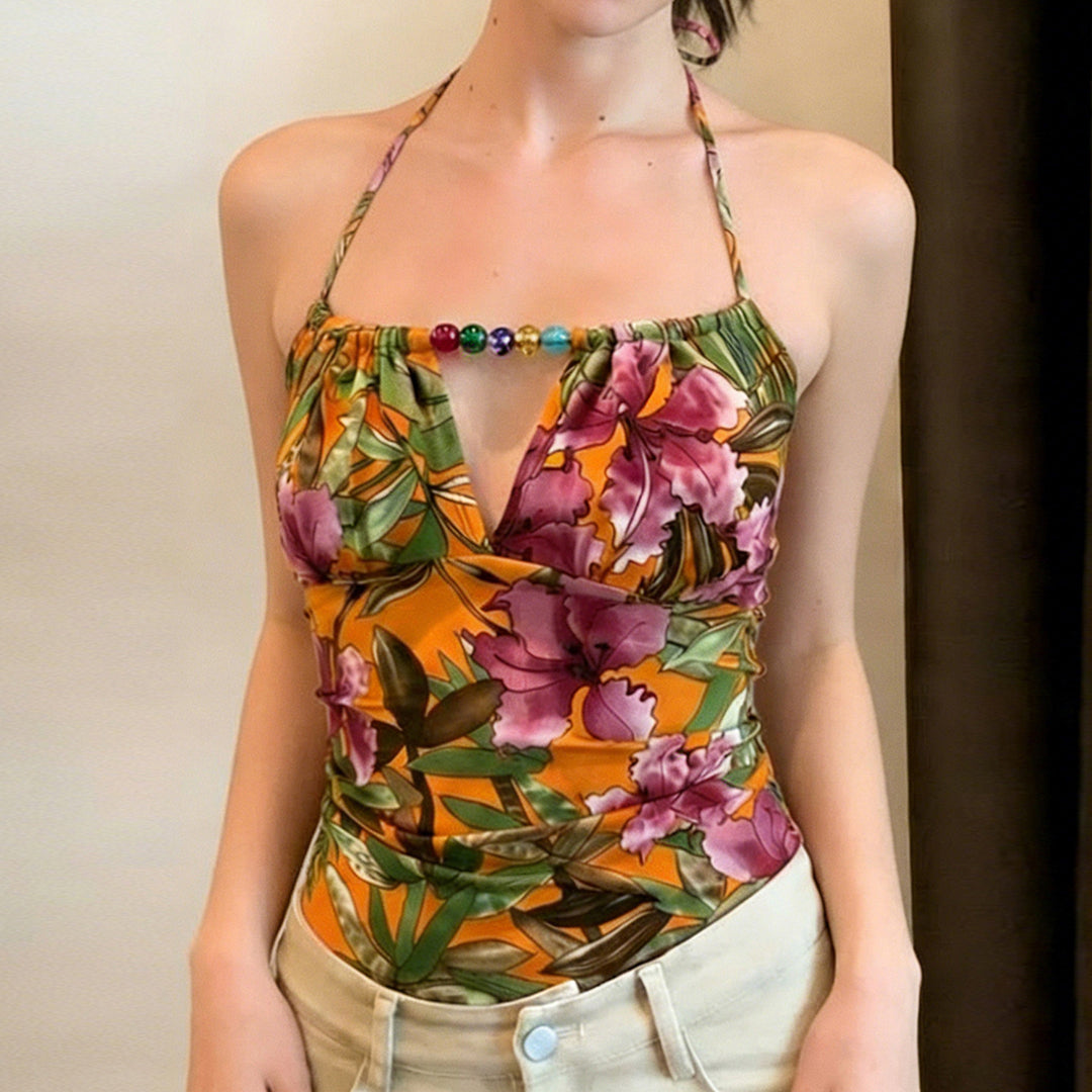 Damen Haltertop mit floralem Design und elegantem Bindeband Echo Archiv