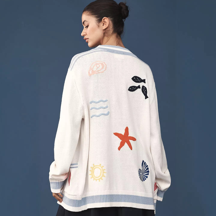 Damen Oversize Strickcardigan mit maritimen Applikationen – Veloura