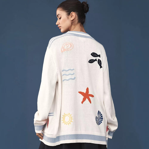 Damen Oversize Strickcardigan mit maritimen Applikationen – Veloura