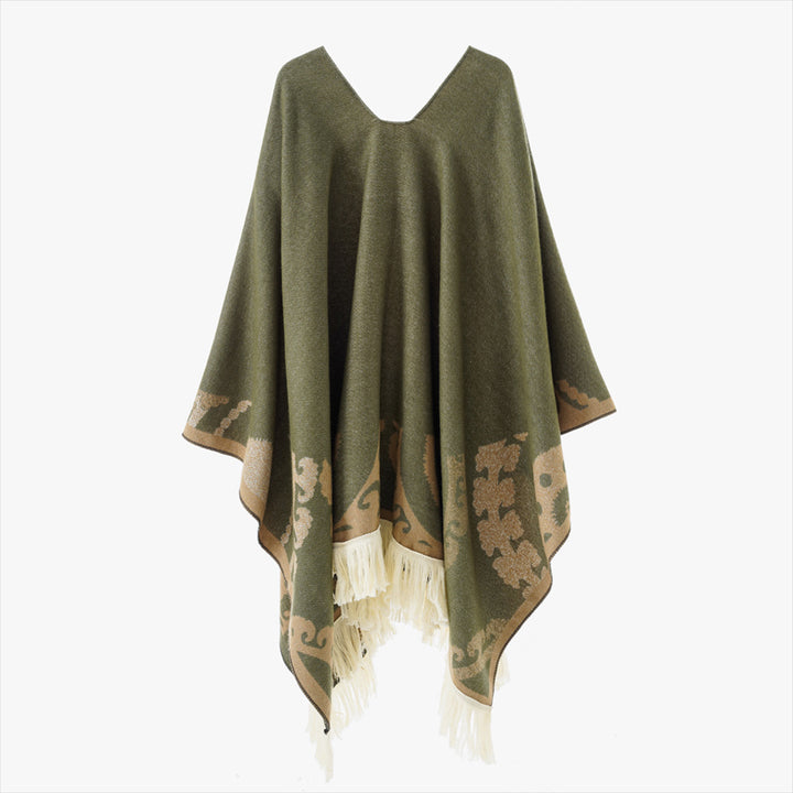 Damen Wollmix-Medallionponcho mit V-Ausschnitt und Fransensaum Echo Archiv