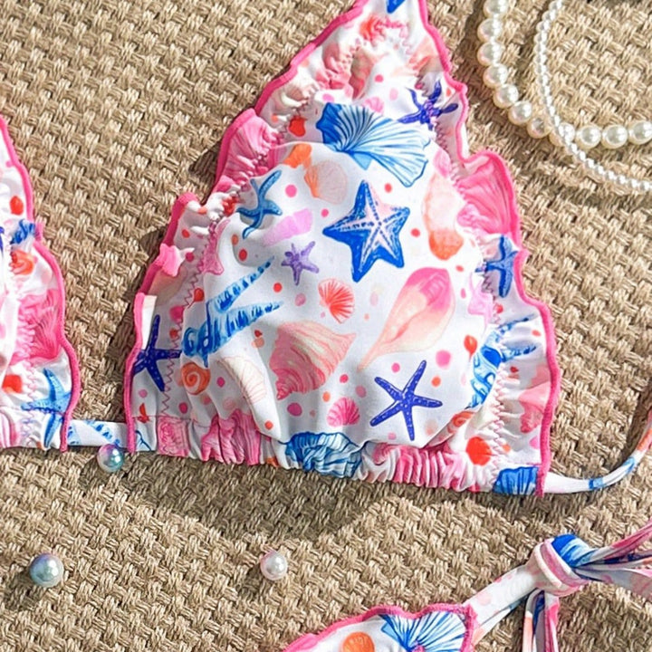 Damen fröhlicher Blumenmuster-Bikini mit Rüschen Echo Archiv