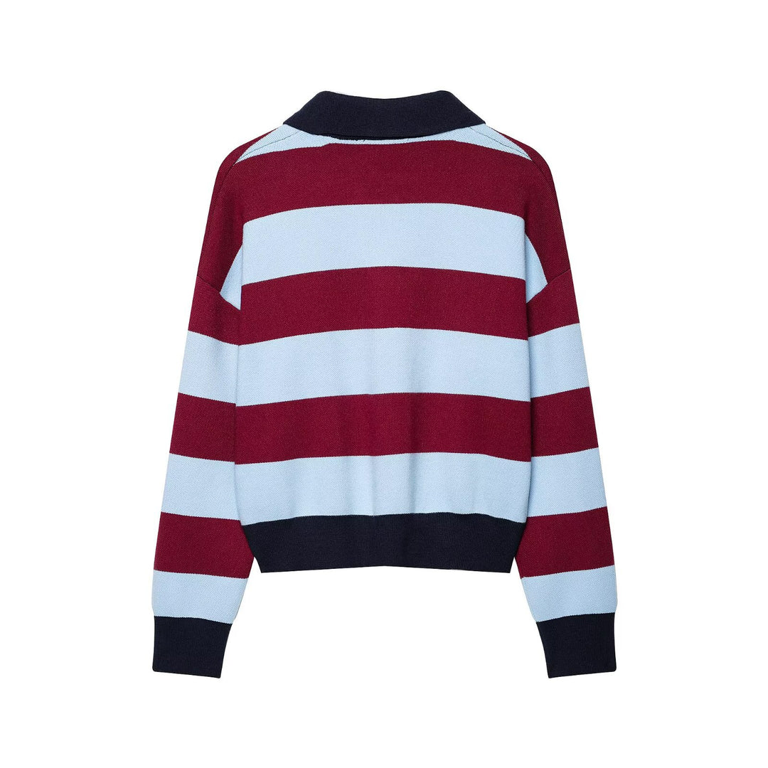 Damen Gestreifter Rugby-Pullover mit Polokragen und V-Ausschnitt Echo Archiv