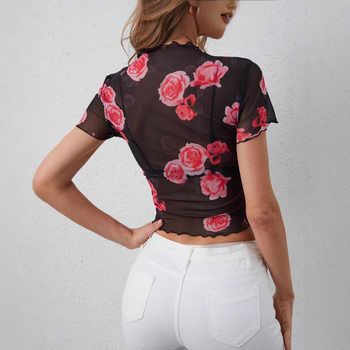 Damen nan tailliertes Netz-Crop-Top mit Rosenprint, Stehkragen und welligem Saum Echo Archiv