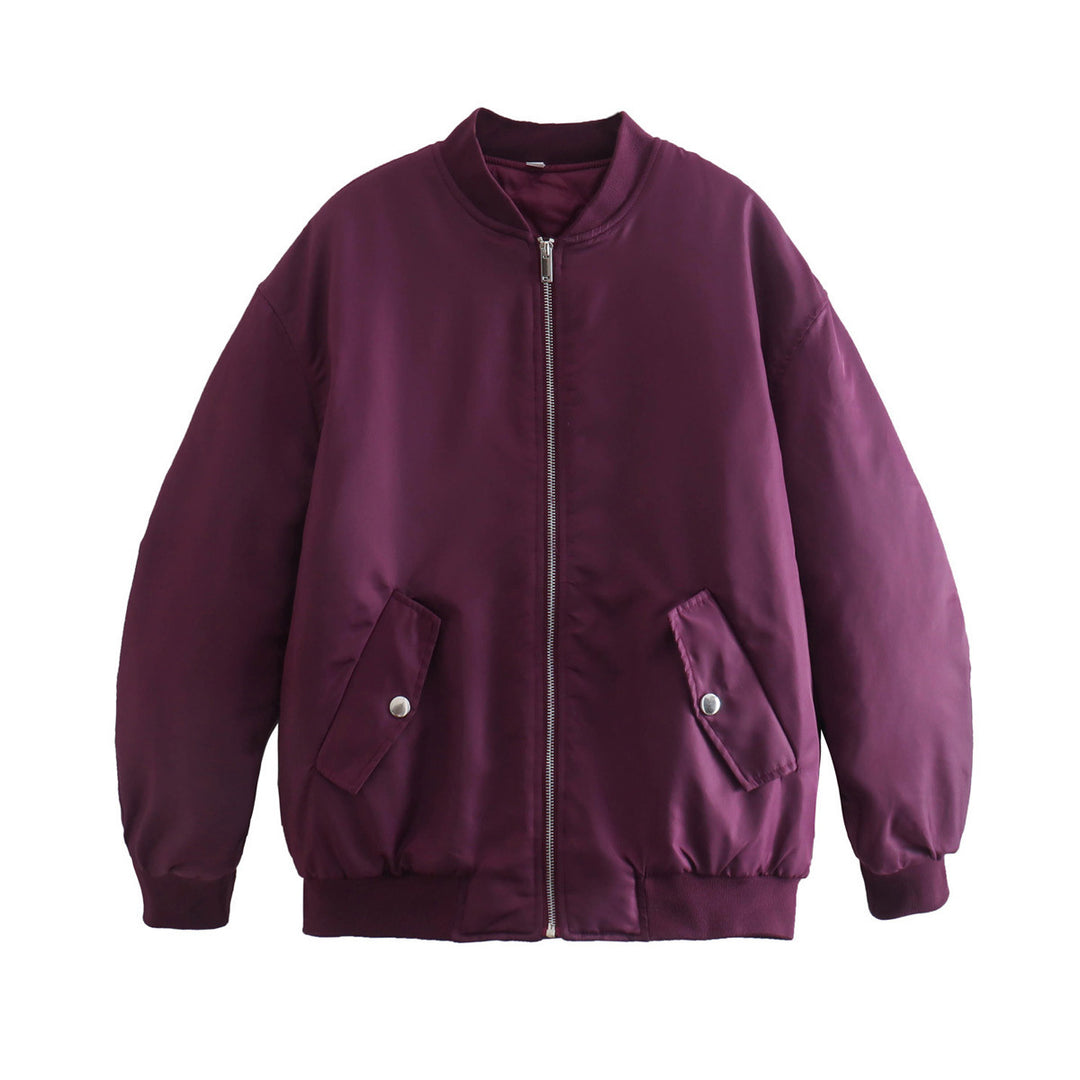 Damen oversized Bomberjacke mit Stehkragen, Reißverschluss und Druckknopf-Taschen – Avenza