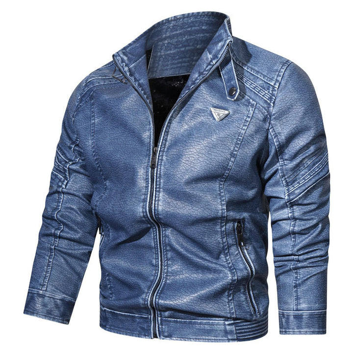 Herren Denim‑Optik Bikerblouson mit strukturierter Oberfläche und Stehkragen – Brevano