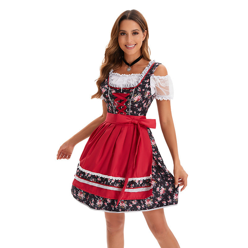 Damen nan kurzes traditionelles Dirndlkleid mit Spitzenbluse geschnürtem Mieder und Schürze Echo Archiv