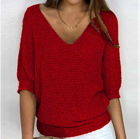Damen nan lässiger Strickpullover mit V-Ausschnitt und Fledermausärmeln Echo Archiv