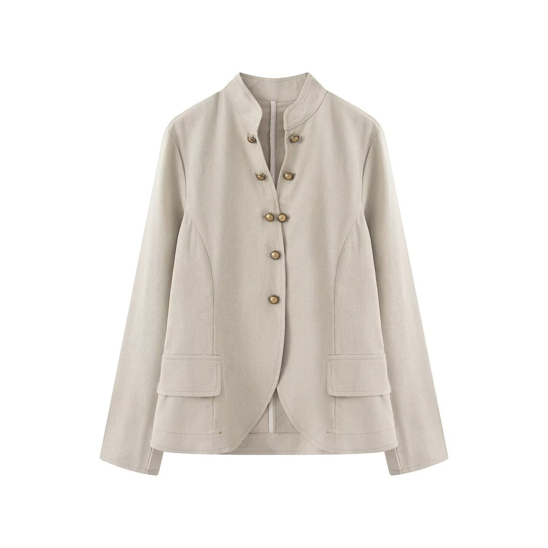 Damen Elegante Kurzjacke mit Stehkragen, Zierriegelknöpfen und Pattentaschen Echo Archiv