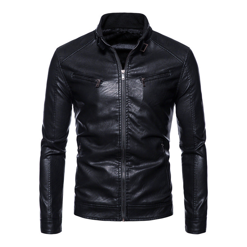 Herren Slim-Fit Kunstleder-Bikerjacke mit Stehkragen, Reißverschlusstaschen und weichem Innenfutter Echo Archiv