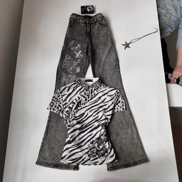 Damen Modisches T-Shirt mit tierischem Muster und dekorativem Kragen Echo Archiv
