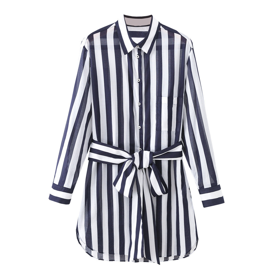 Damen Gestreiftes Hemdblusenkleid mit Taillengürtel und Langarm Echo Archiv