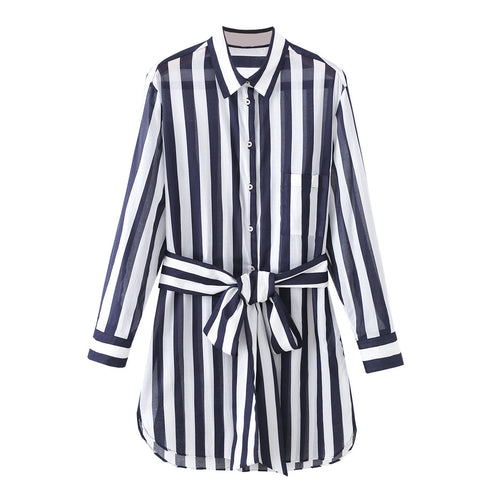 Damen Gestreiftes Hemdblusenkleid mit Taillengürtel und Langarm Echo Archiv