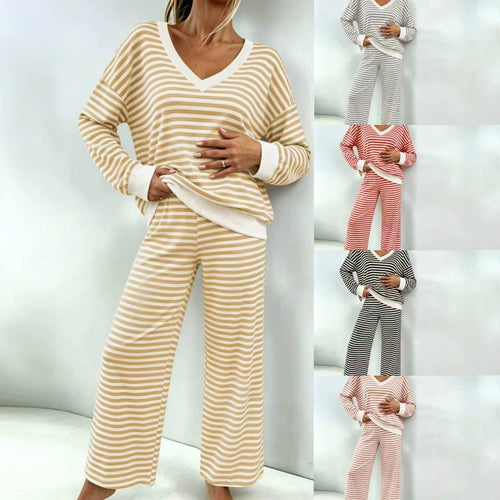 Damen Gestreiftes Lounge-Set mit V-Ausschnitt, Oversize-Pullover und Palazzo-Hose Echoarchiv