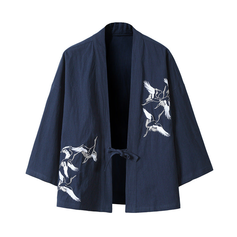 Unisex nan japanisch inspirierte Kimonojacke mit Kranichstickerei und Bindeschließe Echo Archiv