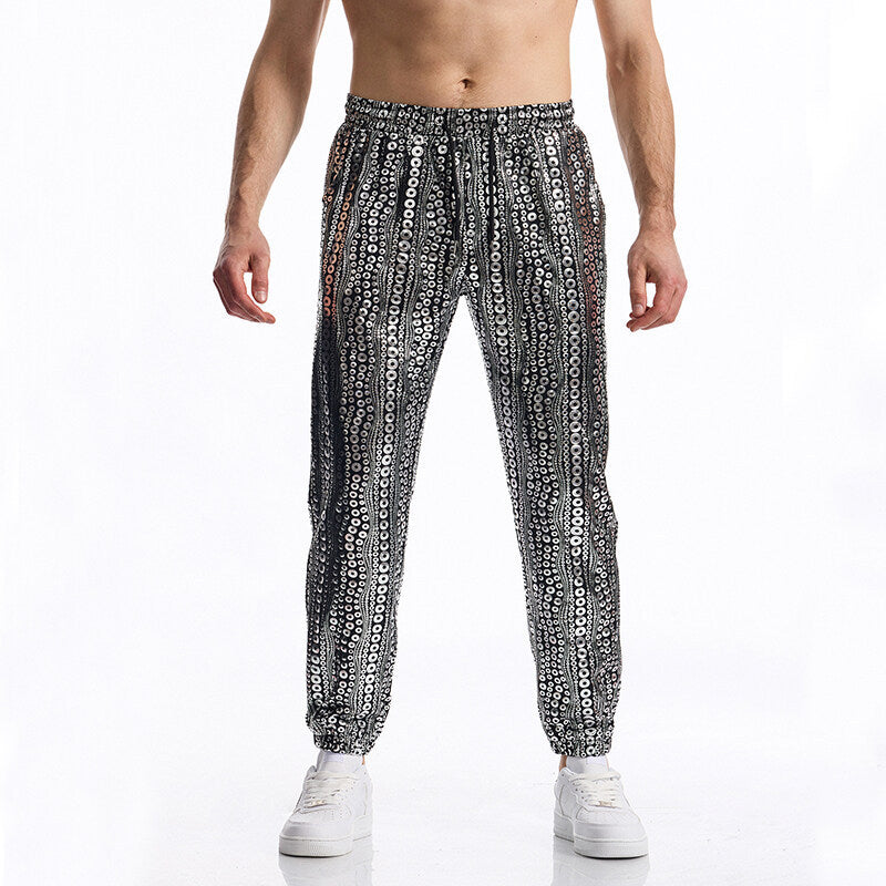Herren Tapered Jogginghose mit elastischem Bund, Kordelzug und metallischem Kreisprint Echo Archiv