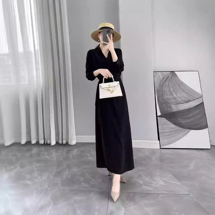 Damen Langärmliges Wickel‑Maxikleid mit Taillengürtel und V‑Ausschnitt Echoarchiv
