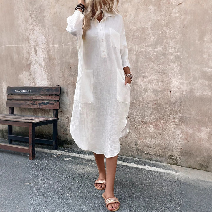 Damen Midi-Hemdblusenkleid aus Baumwoll-Musselin mit 3/4-Ärmeln & aufgesetzten Taschen – Avérine