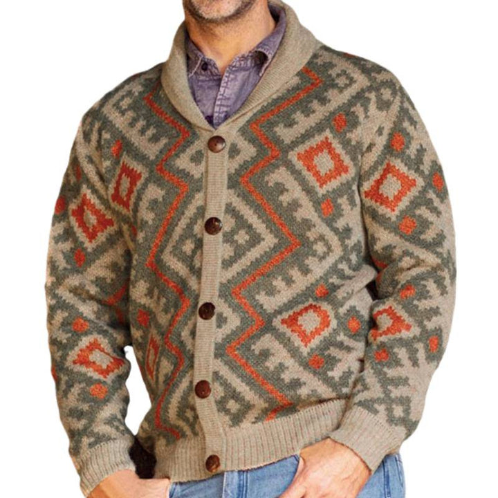 Herren Strickjacke mit geometrischem Muster und gemütlichem Schalkragen Echoarchiv