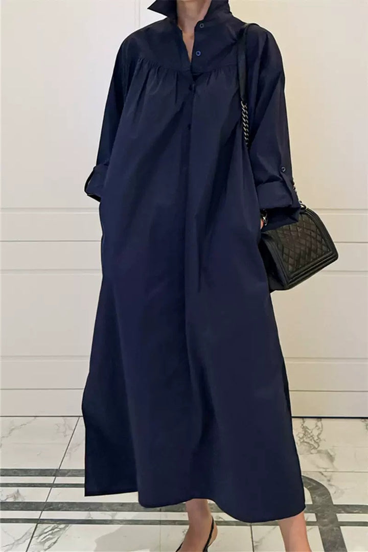 Damen Maxikleid im Oversize-Hemdstil mit Stehkragen, Schulterpasse und Eingrifftaschen Echoarchiv