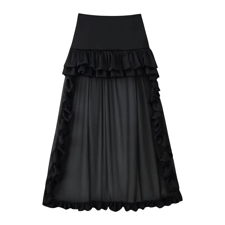 Damen Maxirock mit hoher Taille, mehrlagigen Volants und transparentem Tüll-Overlay – Valéora
