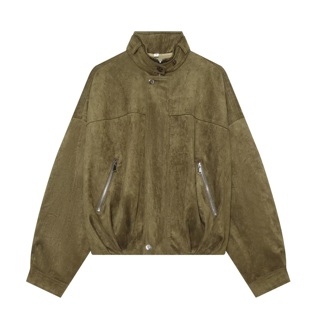 Damen Oversize-Wildleder‑Bomberjacke mit hohem Stehkragen und Reißverschlusstaschen Echo Archiv