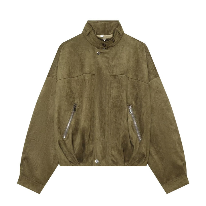 Damen Oversize-Wildleder‑Bomberjacke mit hohem Stehkragen und Reißverschlusstaschen Echo Archiv
