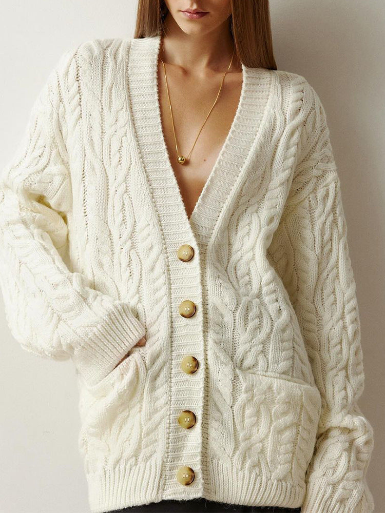 Damen Oversize Zopfmuster-Strickcardigan mit V‑Ausschnitt und aufgesetzten Taschen Echoarchiv