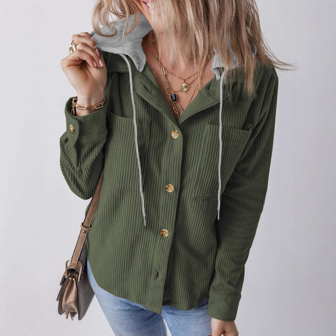 Damen Gerippte Hemdjacke mit Kapuze, Knopfleiste und aufgesetzten Taschen – Auréline