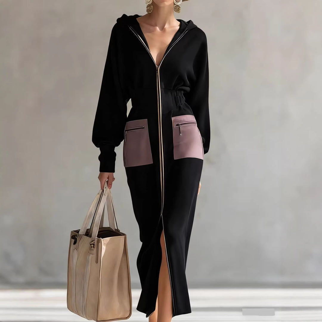 Damen Kapuzen-Midikleid im Sport-Chic mit Taillen‑Corsage und Fronttaschen – Élara