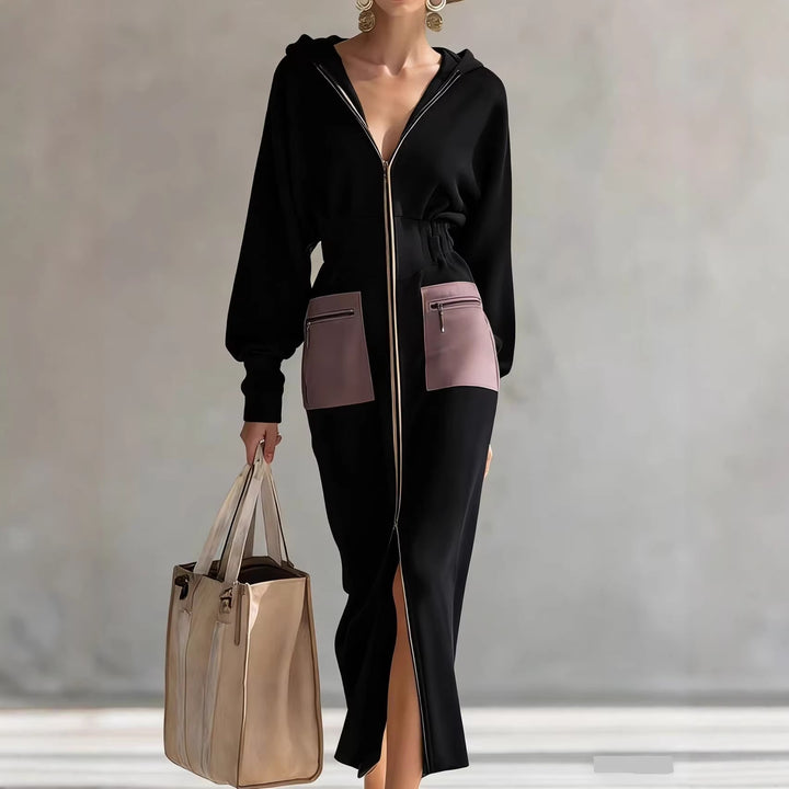 Damen Kapuzen-Midikleid im Sport-Chic mit Taillen‑Corsage und Fronttaschen – Élara