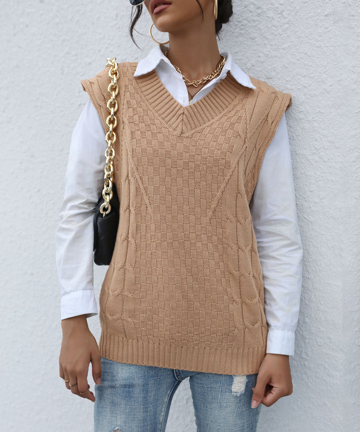Damen Strick-Weste mit V‑Ausschnitt, Zopfmuster und lässiger Oversize-Silhouette Echoarchiv