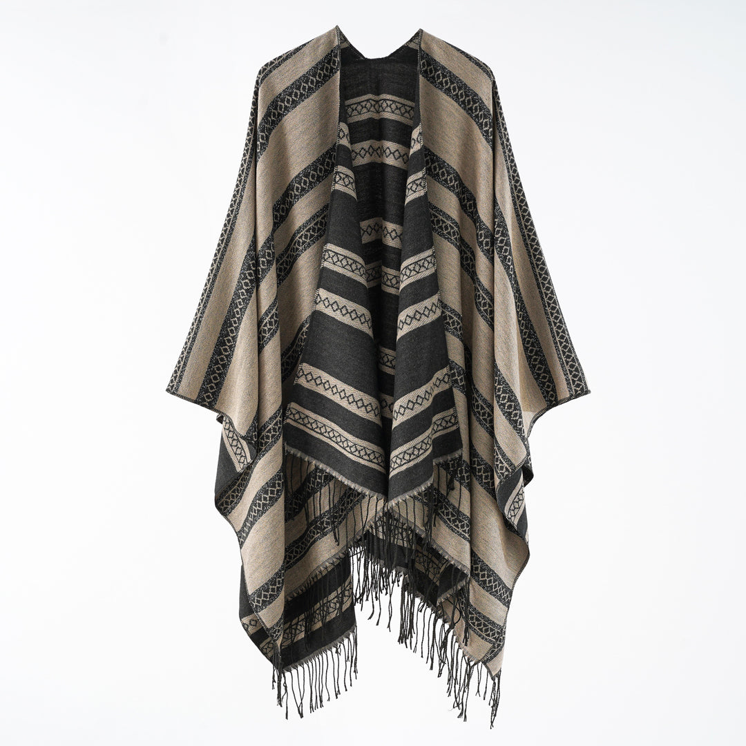 Damen Wollmix-Wickelponcho im Jacquardstreifen mit Fransen Echo Archiv