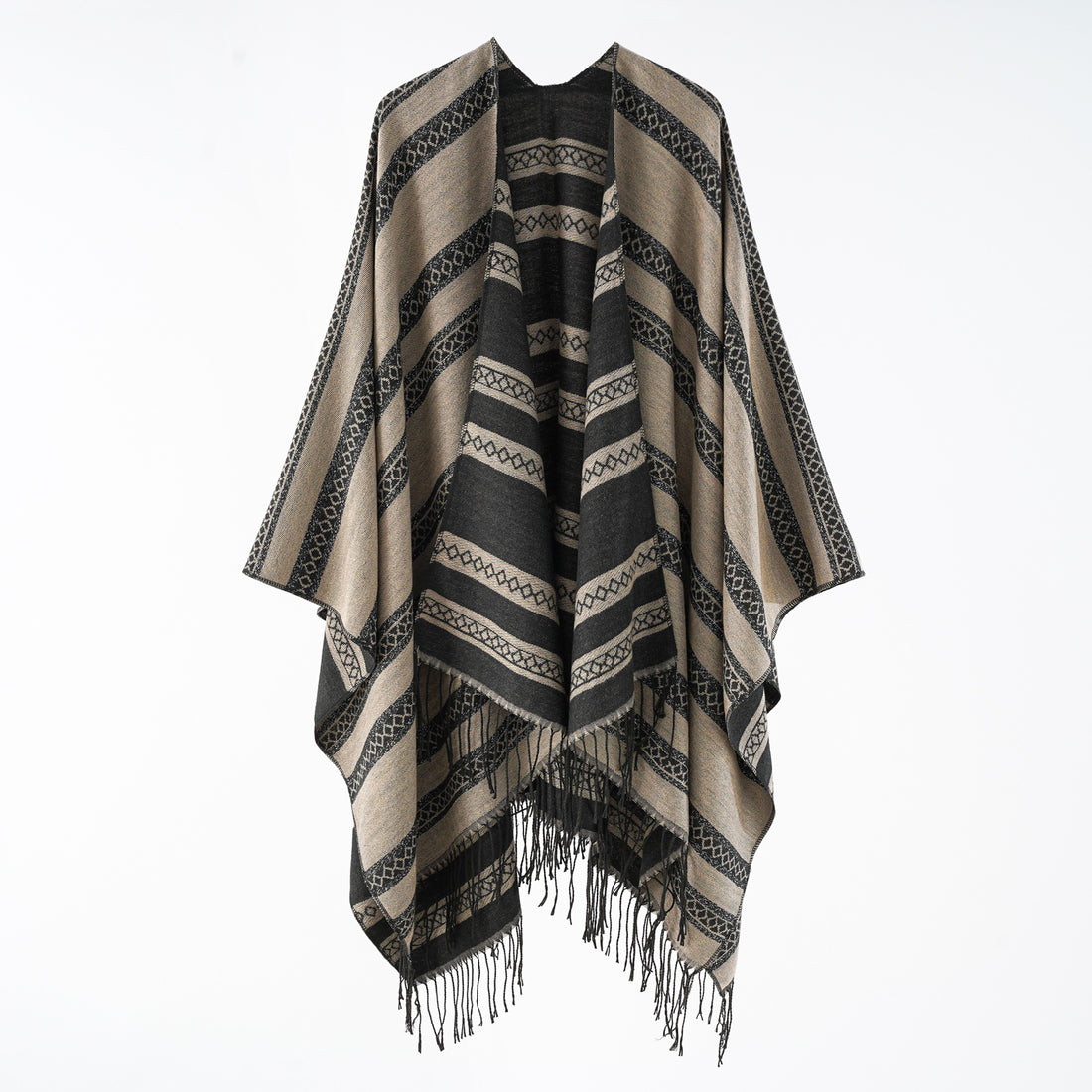 Damen Wollmix-Wickelponcho im Jacquardstreifen mit Fransen – Montévia