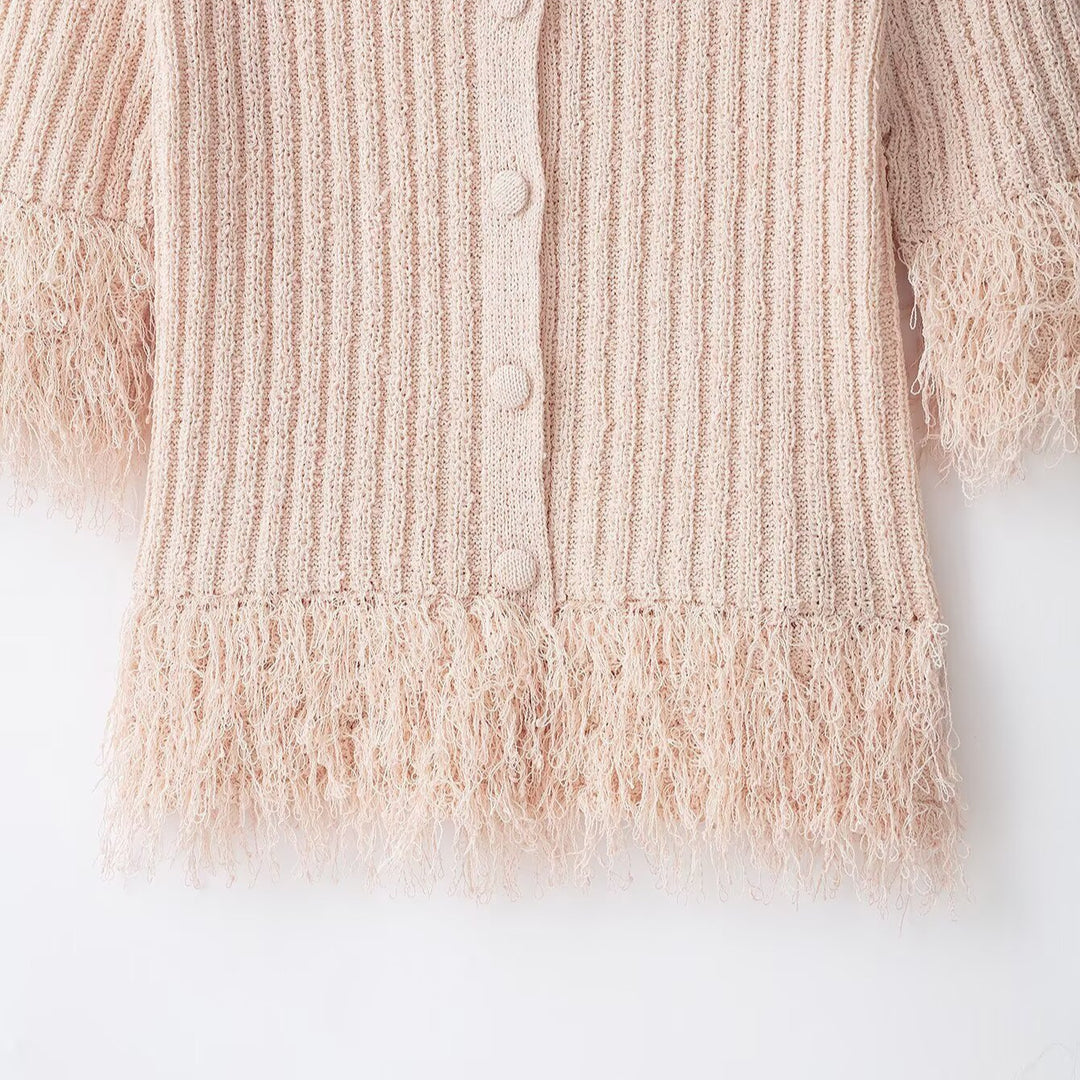 Damen Bouclé-Cardigan mit Fransenärmeln und verdeckter Knopfleiste Echoarchiv