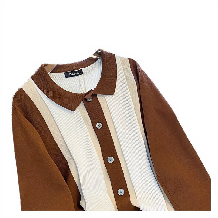 Damen Feinstrick-Cardigan mit Polokragen, kontrastierenden Rippeinsätzen und durchgehender Knopfleiste Echoarchiv