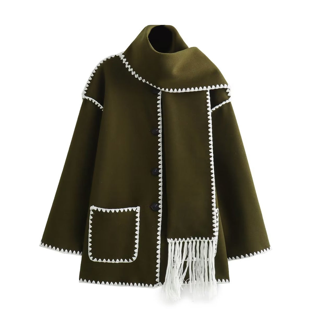 Damen Cape-Mantel mit angesetztem Fransen-Schal und Zier-Zickzacknaht Echo Archiv