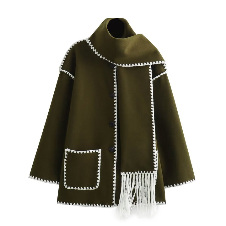 Damen Cape-Mantel mit angesetztem Fransen-Schal und Zier-Zickzacknaht Echo Archiv