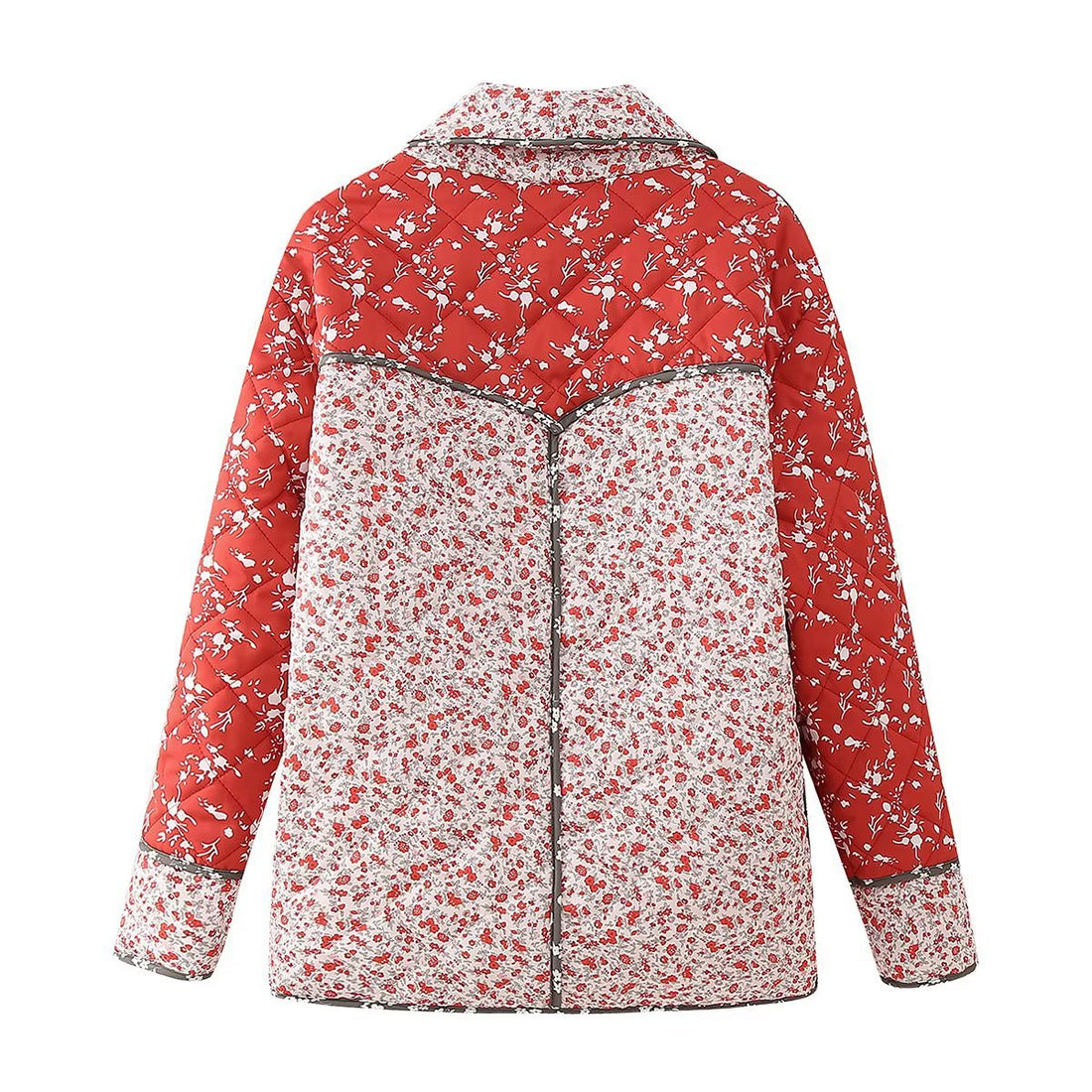 Damen gesteppte Patchprint Übergangsjacke mit Schalkragen, dekorativer Paspel und aufgesetzten Taschen – Célinea