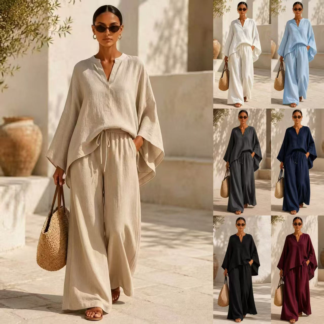 Damen Leichte Leinenmischung Übergroße Kaftan-Oberteil und Kordelzug Weitbein-Hosen Set – Élanora