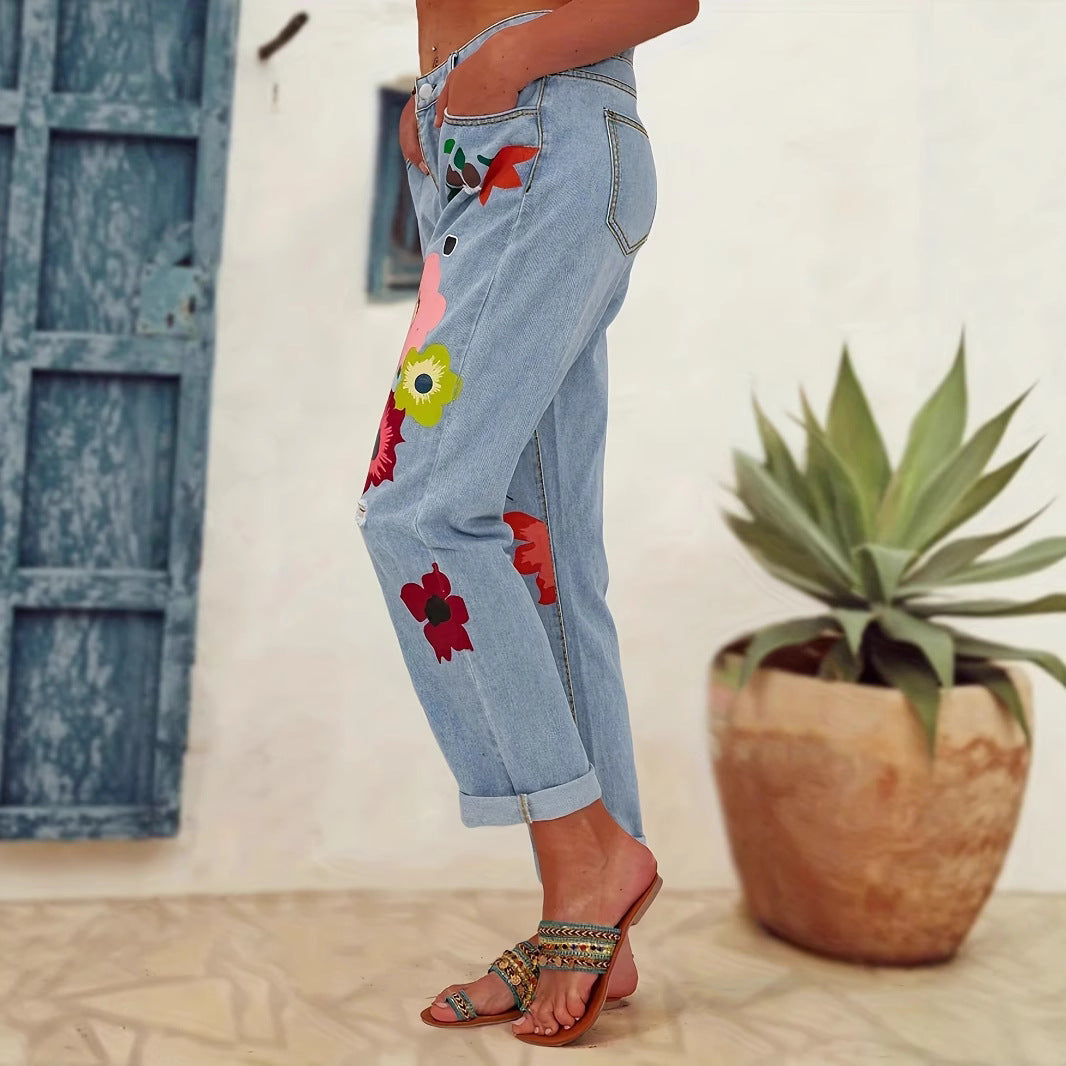 Damen Gerade geschnittene Jeans mit bunten Blumenapplikationen und leichten Destroy-Details Echo Archiv